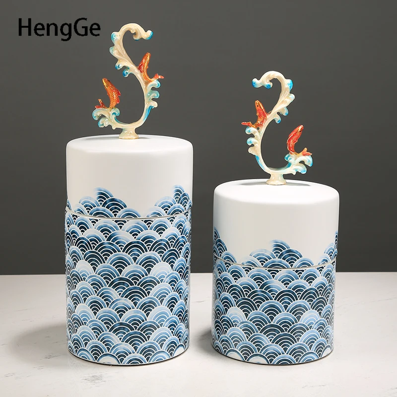 Creative Relief Koi Ceramic Jars with Lid New Chinese Enamel Suger Jar Desktop Storage Ornament Handwork Colorful Painting Craft