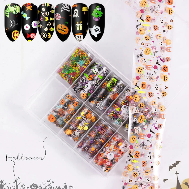 New 1Box Festival Christmas And Halloween Transfer Foil Nails Decal Sliders For Manicure DIY Holo Sticker Decoration Wraps Tools