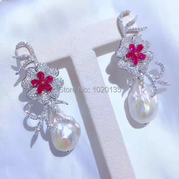 freshwater pearl white reborn keshi red flower zircon hook earrings   amazing for woman gift