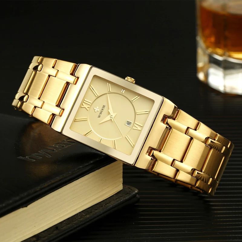 WWOOR Gold Men Watch Top Brand Luxury Quartz Stainless Steel Waterproof Mens Watches Square Date Watch for Men Relogio Masculino