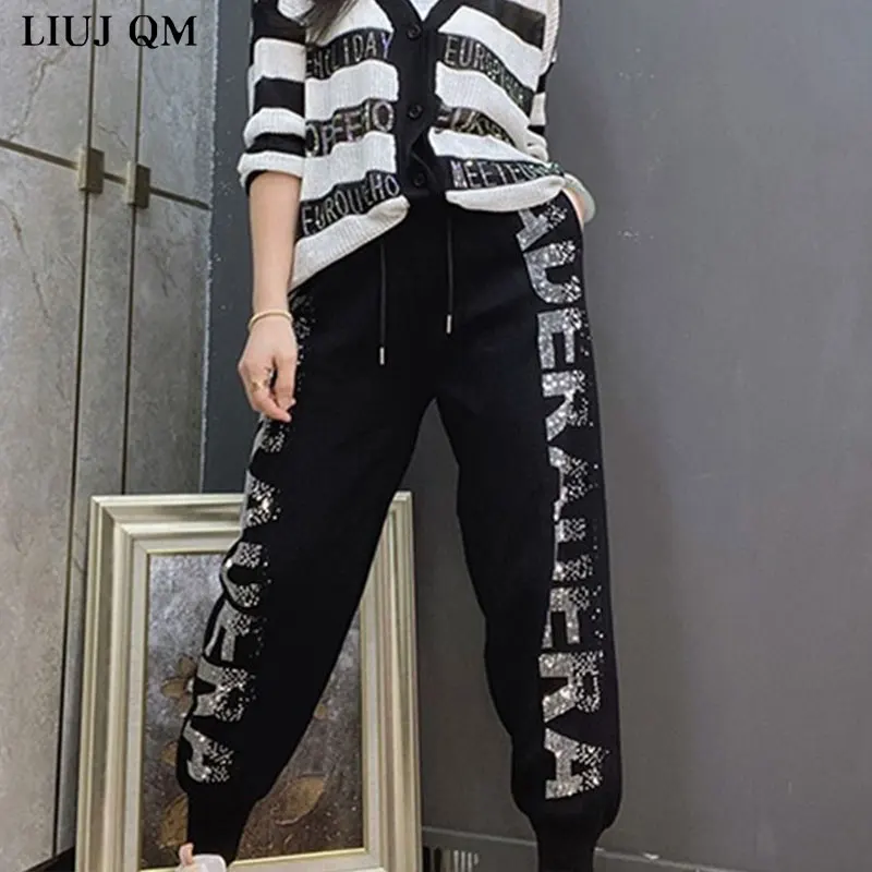 2024 Autumn New Loose High-waist Knitted Pants Women Heavy Industry Letters Hot Drilling Casual Trousers High Harem Pants