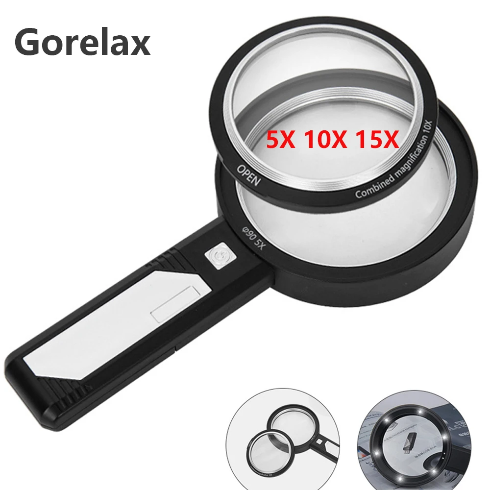 Magnifying Glass With 8 Led Lights, 5X 10X 15X Handheld Magnifier With 2 Optical Lens, Magnifier Loupe for Reading Watch Repair