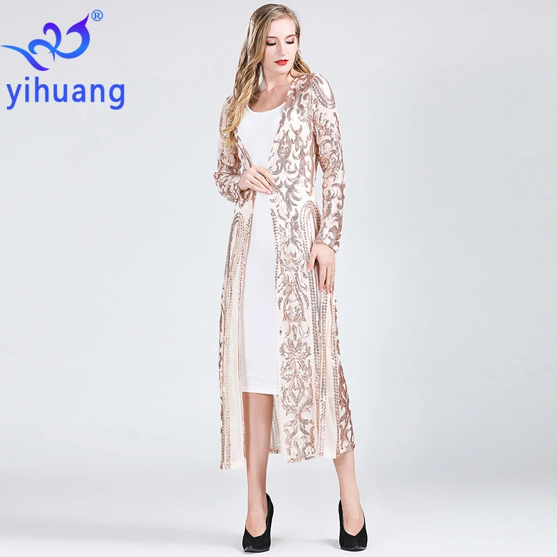 Fashion New Women\'s Clothing Long Sequin Open Front Long Sleeve Mesh Cardigan Blouse Cover Coat Evening Prom Party Tops Gift