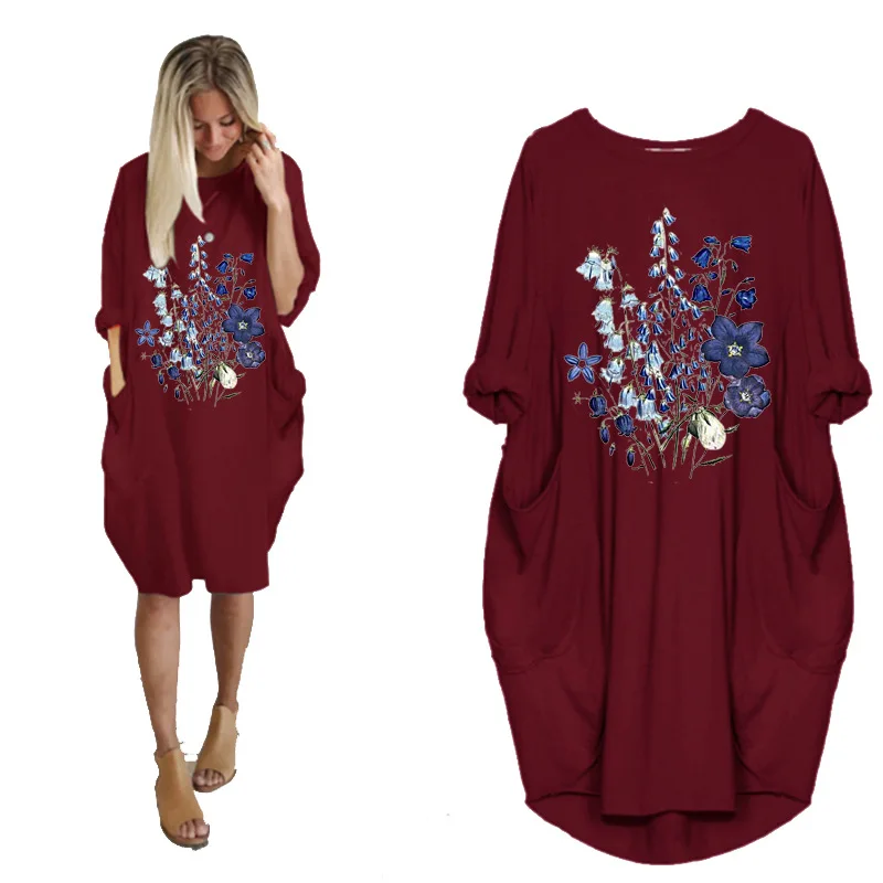 Robe Mi-Longue à Imprimé Floral pour Femme, Col Rond, Manches sulf, Décontractée, Grande Taille, avec Poches, Éducative, Automne 2021