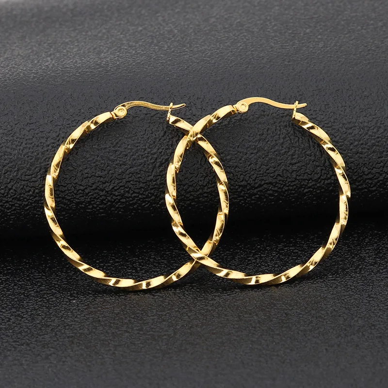 AsJerlya 1 Pair Girls Women Earrings 316L Stainless Steel Hoop Earrings Gold Color Twist Round Gold/Black/Silver/Rose Gold Color