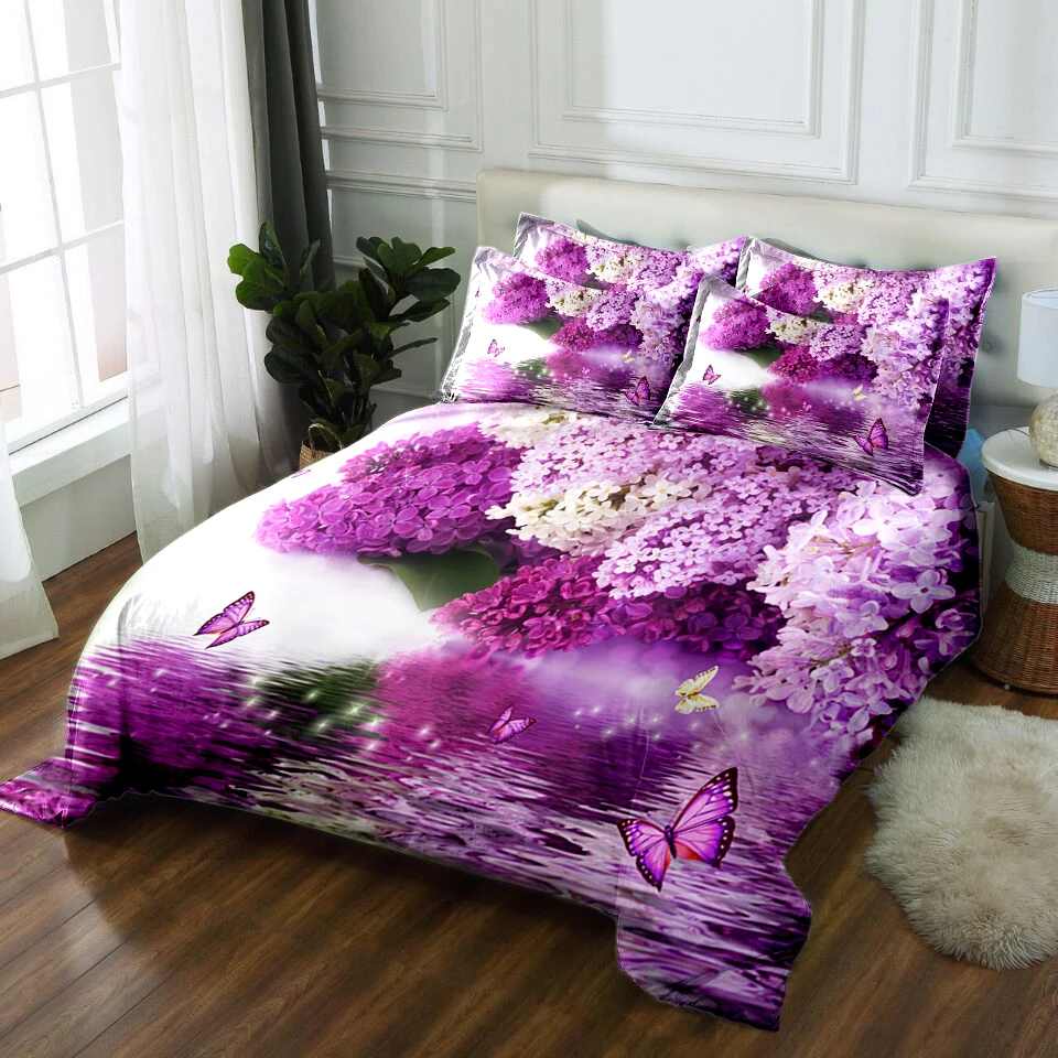 3D Bedding Set Twin Full Queen California King Bed Sheet Linen Double Bed Set King Size Duvet/Quilt Cover Pillowcase Lilac Print