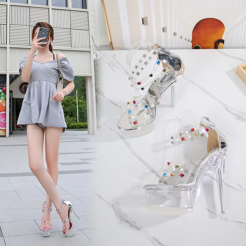6 Inches High Stripper Heeled Pole Dance Shoes Fashion 14CM Rivet Clear Crystal Women Platform Sandals Models Party Nightclub
