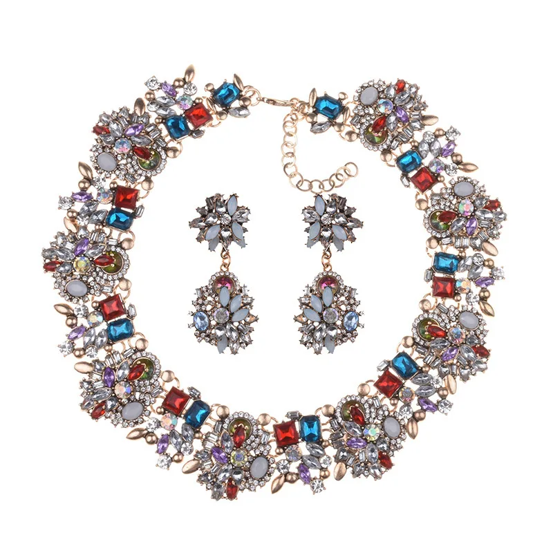 Luxury Crystal Rhinestone Necklace Earrings Jewelry Sets Women Indian Statement Large Collar Choker Necklace Wedding Jewelry