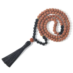 108 Mala Beads Necklace 8mm Black Onyx & Orginal Rudraksha Black Tassel Meditation Yoga Prayer Japamala Jewelry