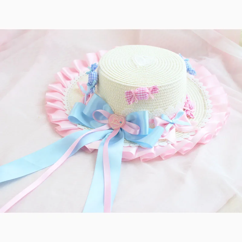 

Lolita Sweet Candy Party Lolita Cute Big Brim Straw Hat Pink Blue Frost Sugar Sweetheart Lolita Sun Hat