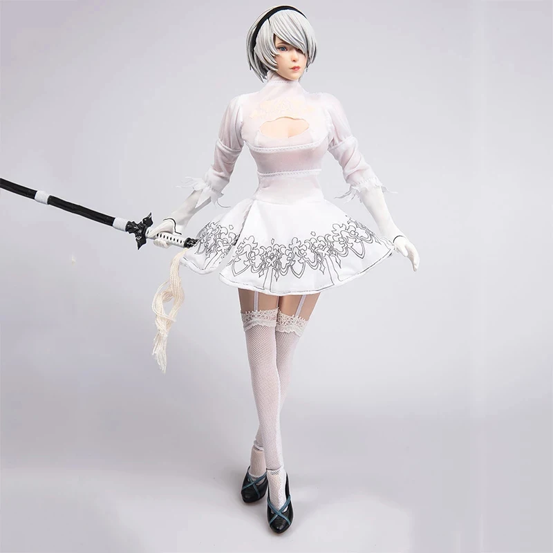 TYM073 1/6 NieR 2B Female White Battle Costume Skirt Clothes Sliver Hair Head Sculpt Carving for 12