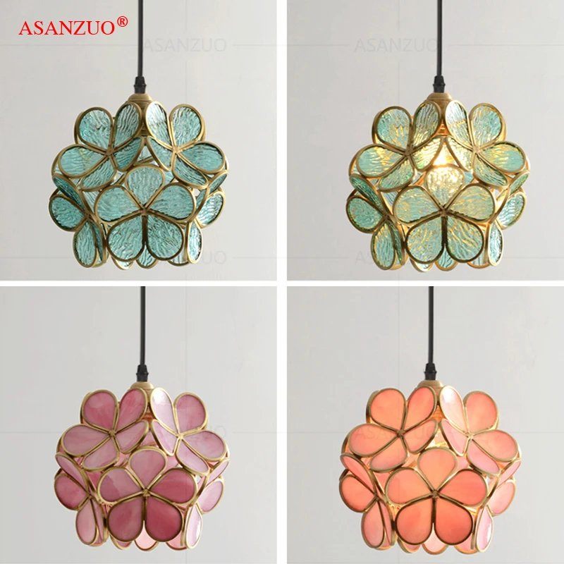 

Copper&Glass Flower pendant lights girl children's room Ceiling lamp bedroom bedside petal decor hanging lamp light fixtures