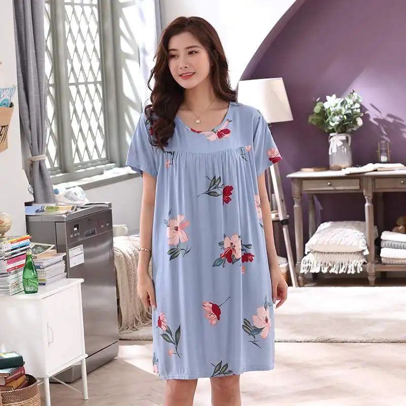 Women summer cotton nightgowns short-sleeved Korean loose big yards 5XL fit 100 kg nightshirt female floral print night dress