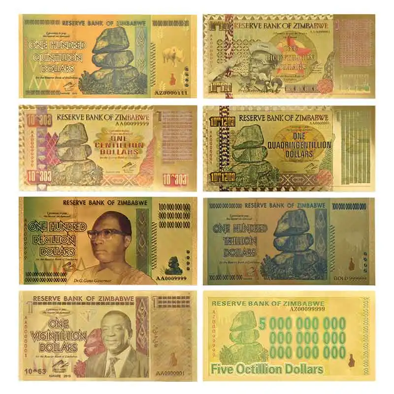 Zimbabwe $Z100 Trillion/100 Quintrillion/5 Octillion/100 Decillion Dollar Gold Foil Banknote Replica Paper Money Business Gift