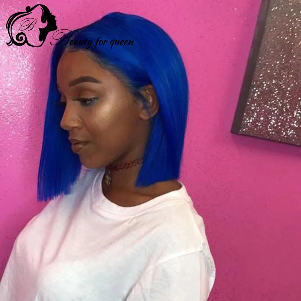 Perruque Lace Frontal Wig brésilienne Remy – Blue Bob, cheveux naturels, Lace Transparent HD, pre-plucked, 180% de densité, pour femmes