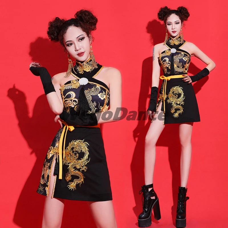 Women Jazz Costume Sexy Black Chinese Style Singer Dress Nightclub Gogo Dancer Wear