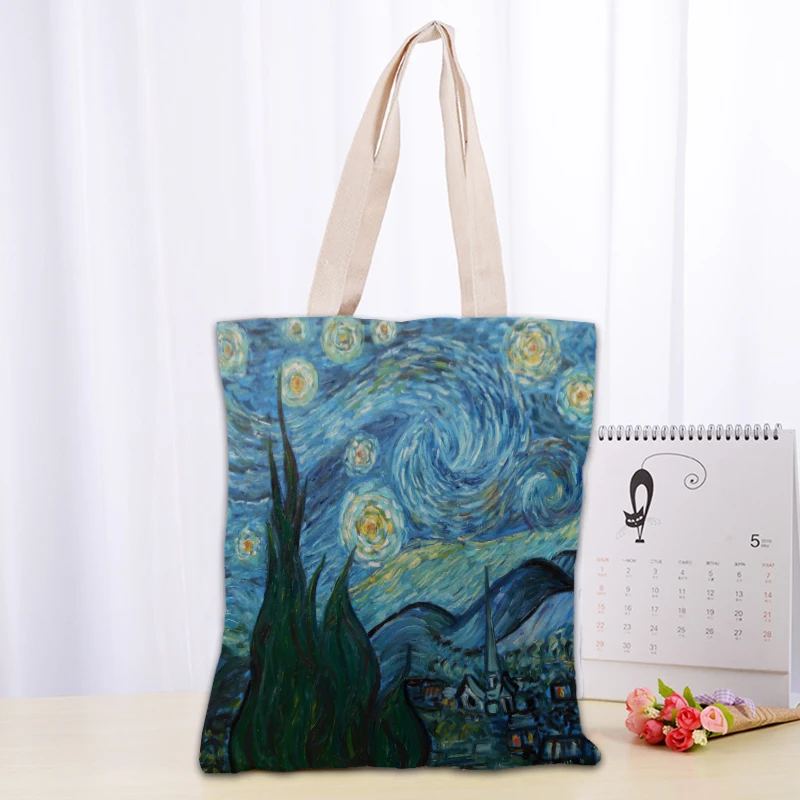 Van Gogh The Starry Night Tote Bag Canvas Fabric Bags Eco Reusable Shopping Bags Traveling Beach Casual Useful Shoulder Bag