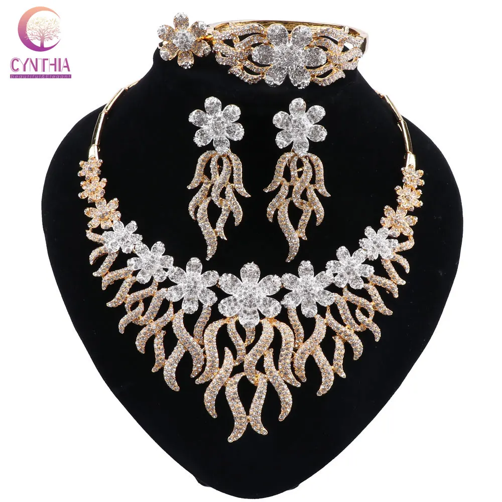 

CYNTHIA Trend African Classic Women Jewelry Gold color Necklace Earrings Bracelet Ring Set Wedding Flower Style Jewelry Set