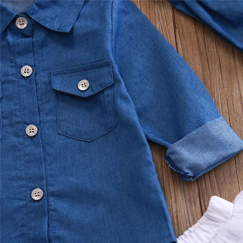 Fashion 0-5T Baby Girls Set Denim Shirt Top +Tutu Skirts+Headband 3pcs Outfits Sets Autumn Spring Set Kids Clothintg
