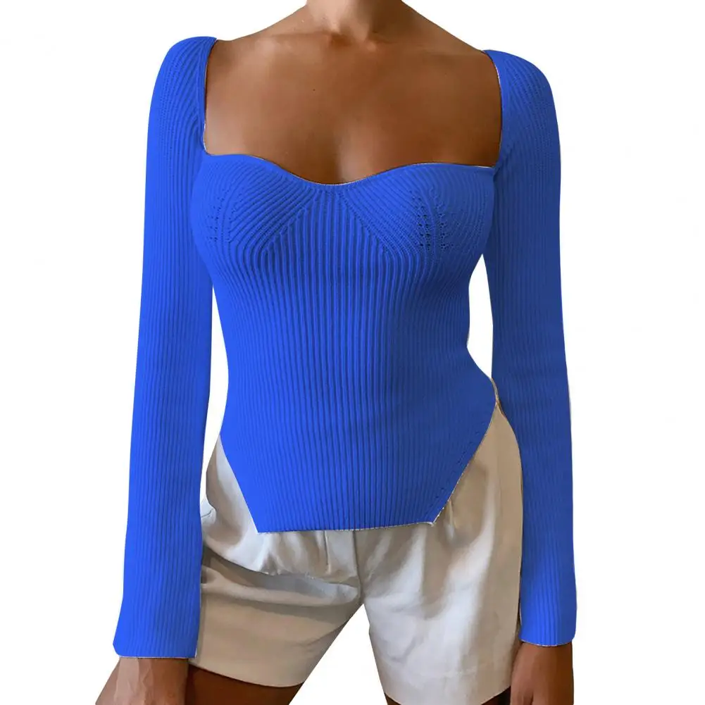 Square Neck Pullover Sweater Sexy Off Shoulder Irregular Hem Knitted Cotton Knitwear Solid Color Long Sleeve Jumpers Top 2021