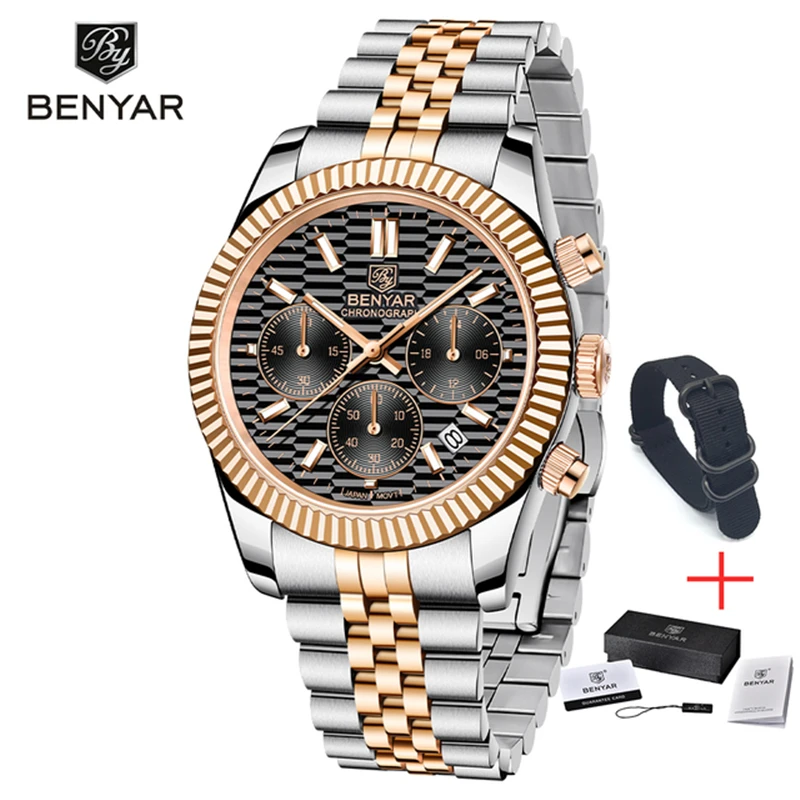 

BENYAR Stainless Steel 100M Waterproof Sports Quartz Men Watch Top Brand Fashion Chronograph Luxury 40mm Clock Relogio Masculino