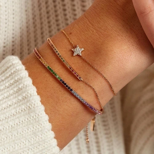Luxury Classic Fashion Multi Color Full Rainbow Cz Bracelets Elegance Women Girl Simple Open Adjust Romantic Charm Brand Jewelry