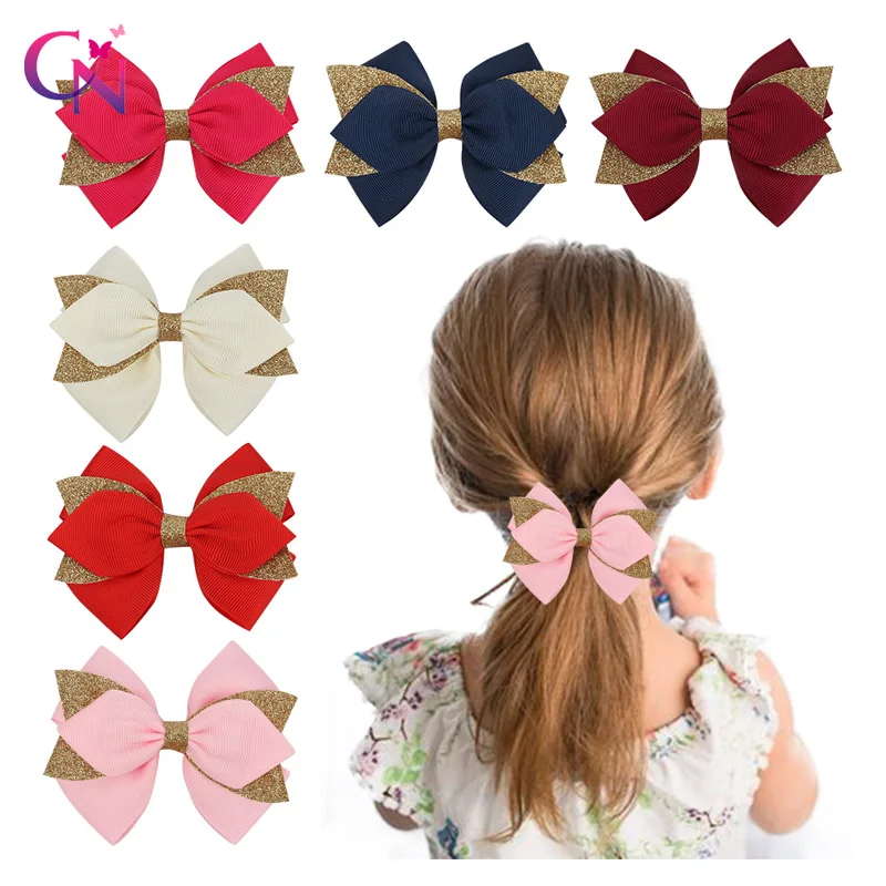 CN 2 unids/lote 4 "Boutique Color sólido pinzas para el cabello para niñas niños brillantina hecha a mano pila Swallowtail pelo accesorios para el cabello