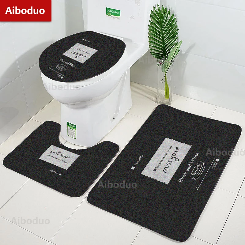 

Aiboduo Hot Sale Black Minimalist Style Non Slip 3pcs/set Toilet Lid Cover Set Restroom Rug Carpet Art Home Decoration BathMat