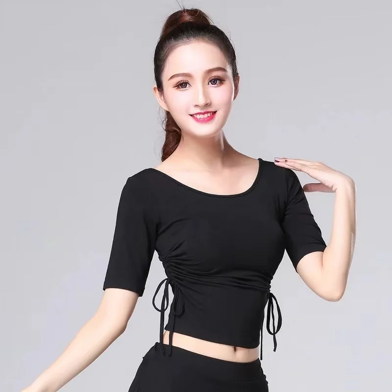 Short Sleeve Latin Dance Tops+pants Suit Practice Clothes Drawstring Female Modern Dance Ballroom Tango Cha Cha Rumba Costumes