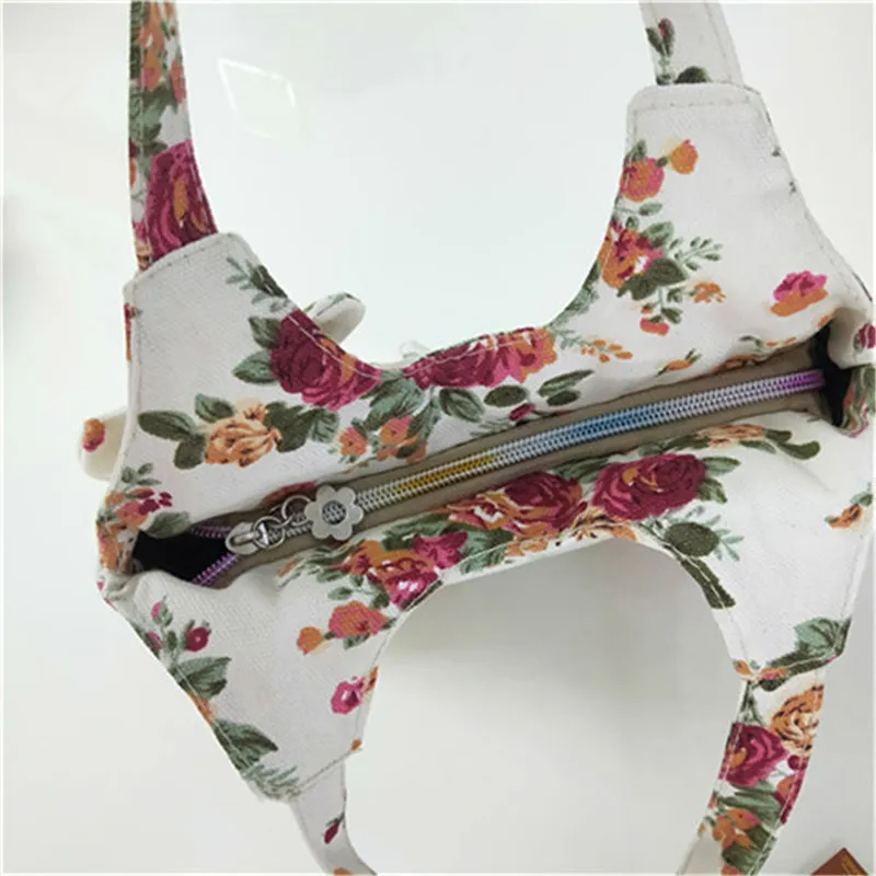 Retro Women Canvas Handbag Bow Shoulder Bag Female Flower Printed Fashion Small Canvas Bag Mobile Phone Bag Coin Purse Mini Bag