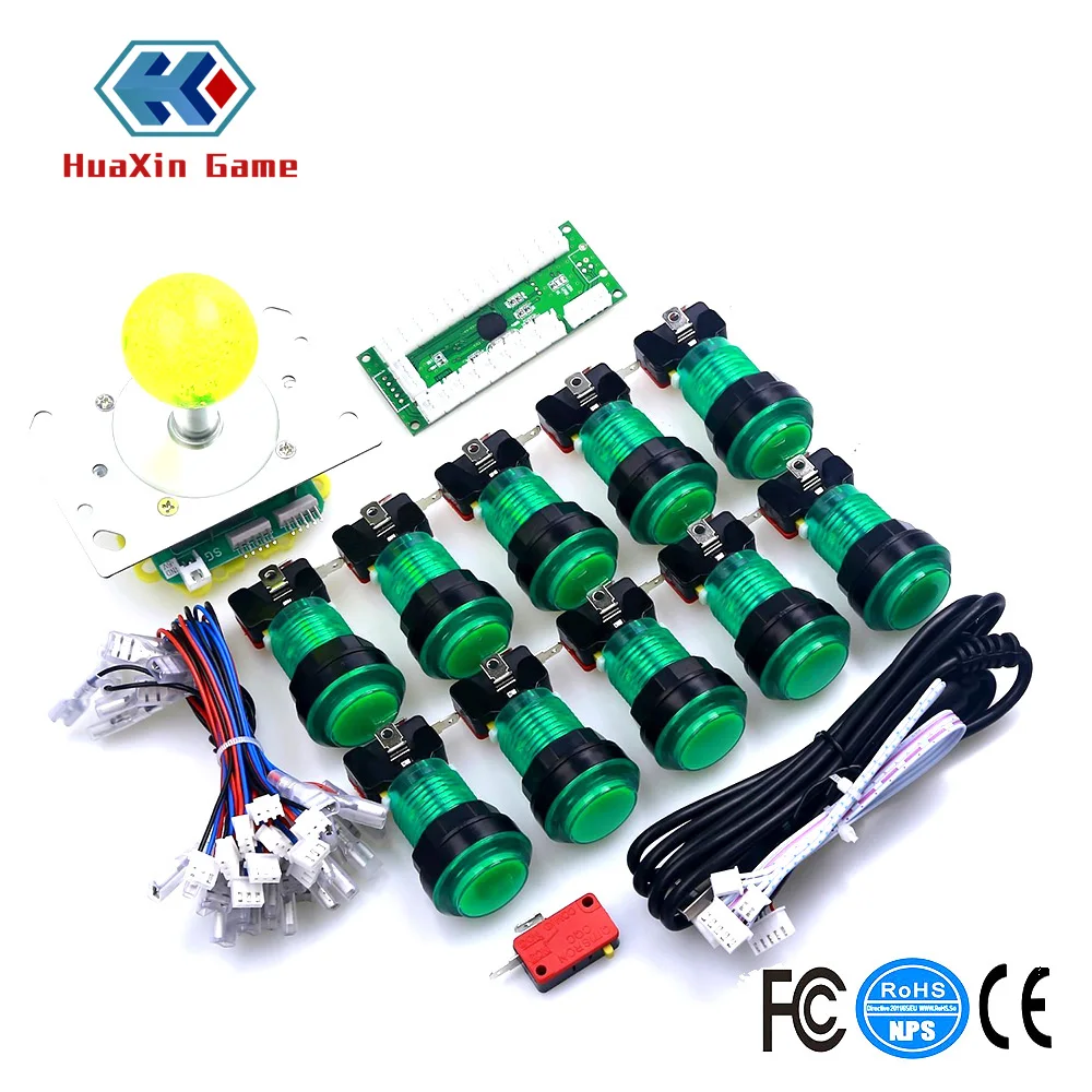 DIY Arcade Games Replacement Part Kits, LED USB Encoder Board, PC, 2, 4, 8 Way Joystick, Wire Push Buttons, Switch Cables, Green