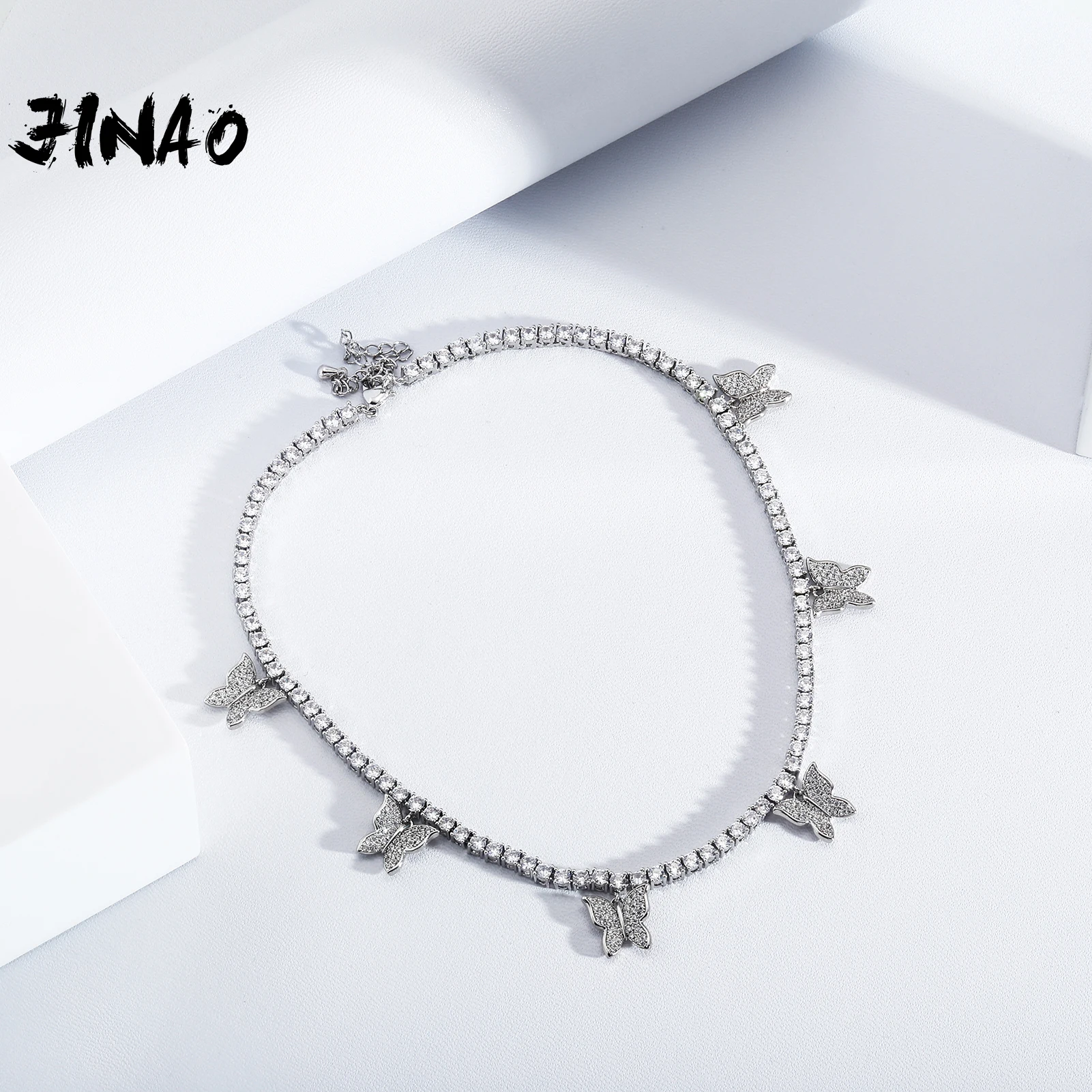 JINAO 2021 New Six Butterfly Chain 3MM&4MM Tennis Chain Choker Necklace High Quality Prong Setting AAA+CZ Stones Women Jewelry