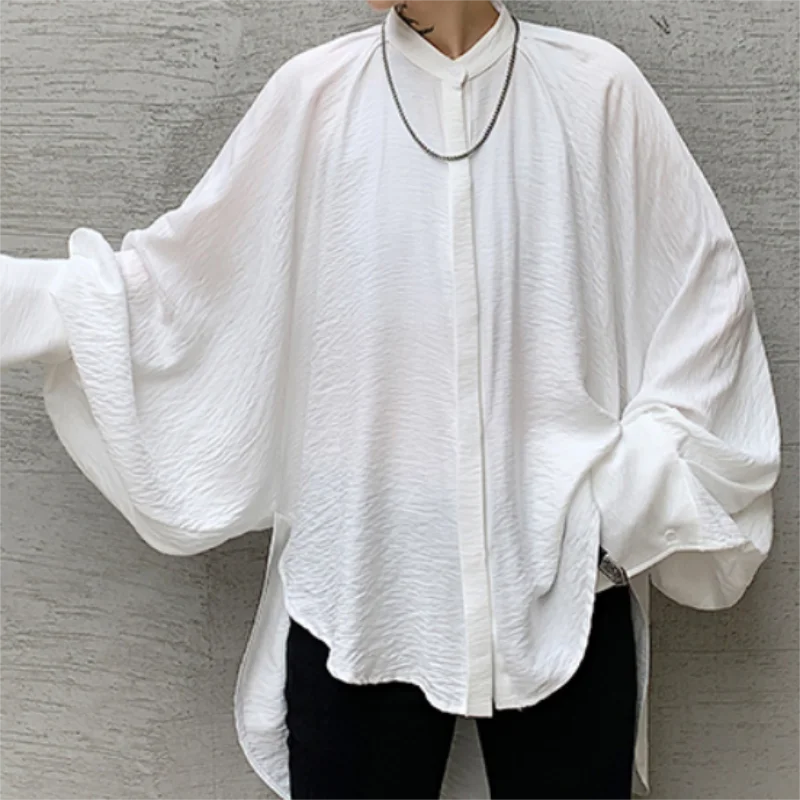 Men's Front Short Rear Long Bat Long Sleeve Standing Collar Party Dress Shirt Hip Hop Loose Casual Pure Color Stage Show