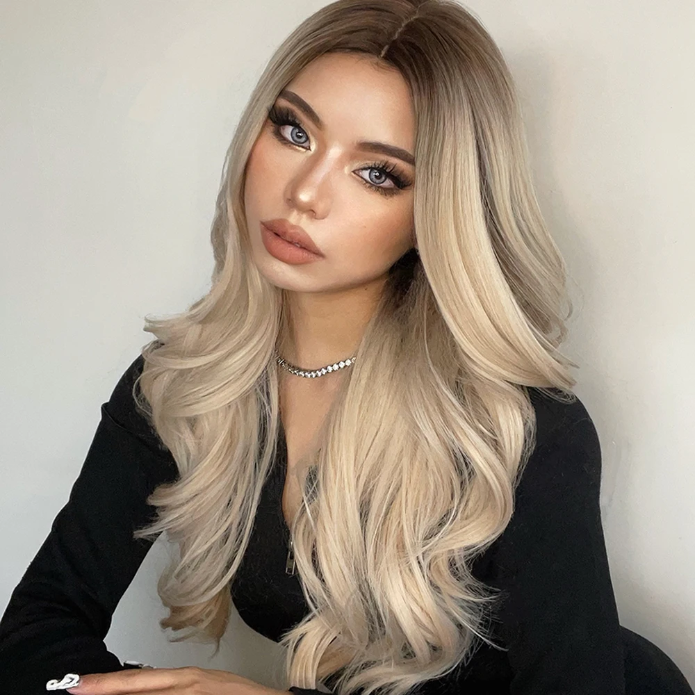 TINY LANA Synthetic Long Wavy Wig Ombre Brown Platinum Blonde Middle Part Wigs for Women Body Wave Heat Resistant Natural Hair