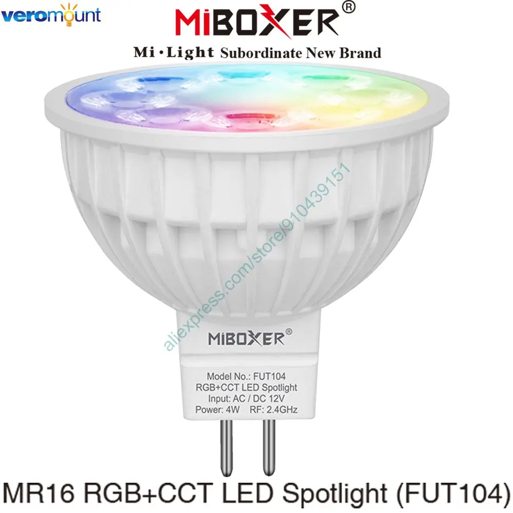 

MiBoxer FUT104 4W MR16 RGB+CCT LED Spotlight AC/DC 12V 2.4G 4Zone RF Remote Smartphone APP WiFi Alexa Google Voice Control