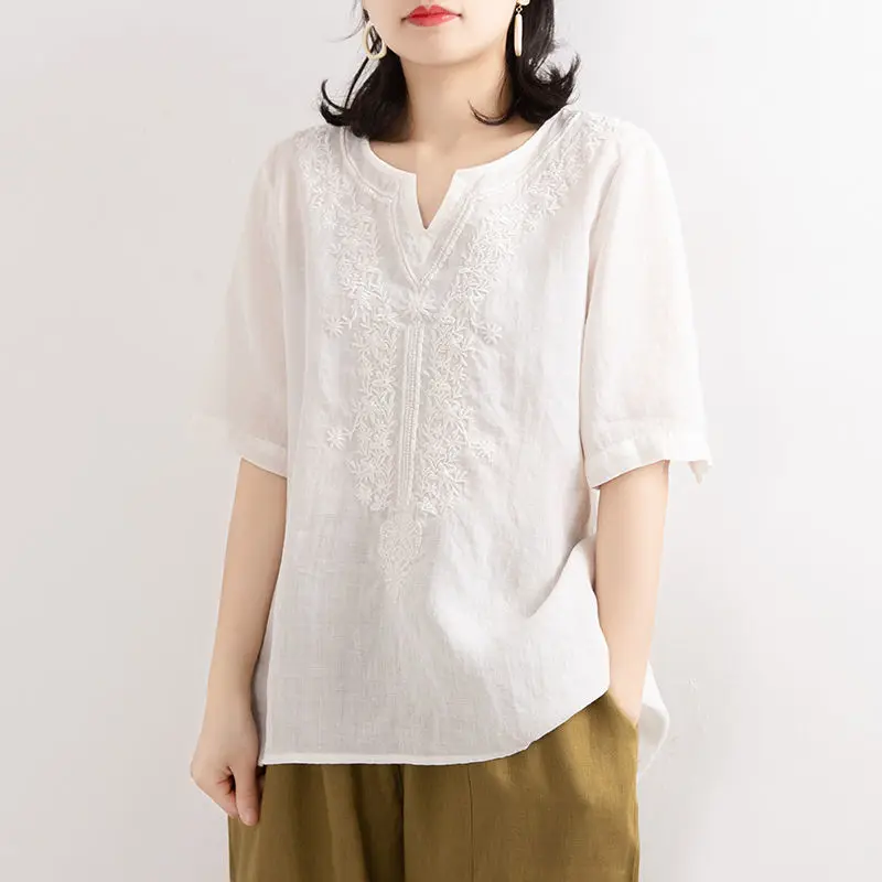 Ethnic Embroidery Blouse Women Cotton Linen Shirt Tunics Short Sleeve Casual Ladies Tops V Neck Basic Tee Elegant Solid Color