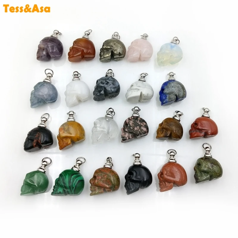 Natural Healing Stone Hip Hop Perfume Bottle gems Skull Head Necklace crystal quartz Essential Oil diffuser Charm Jewelry