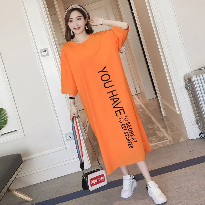 Zomer Koreaanse Stijl Letters Gedrukt Casual Katoenen T-shirt Jurk Vrouwen Losse Womens Midi Jurken Korte Mouw Harajuku Losse