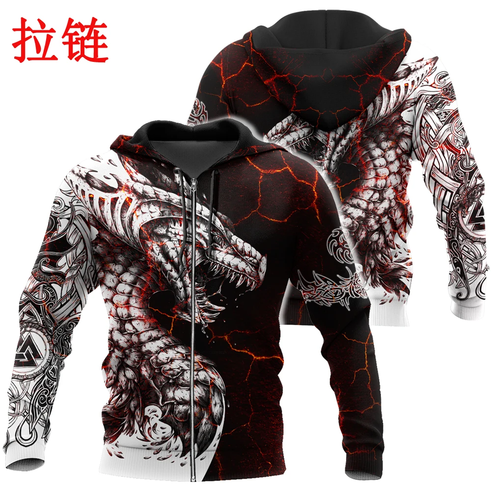 Sudadera con capucha para hombre, ropa de calle Unisex de tatuaje en 3D con estampado de dragón blanco y negro, jersey con cremallera, chaqueta informal, chándales KJ0192