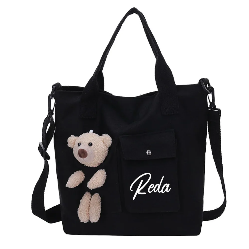 Bolso de mano de oso personalizado, bolsa de compras negra, regalo de cumpleaños, bolso de hombro personalizado con su nombre, bolso de mensajero, bolso de mano de lona