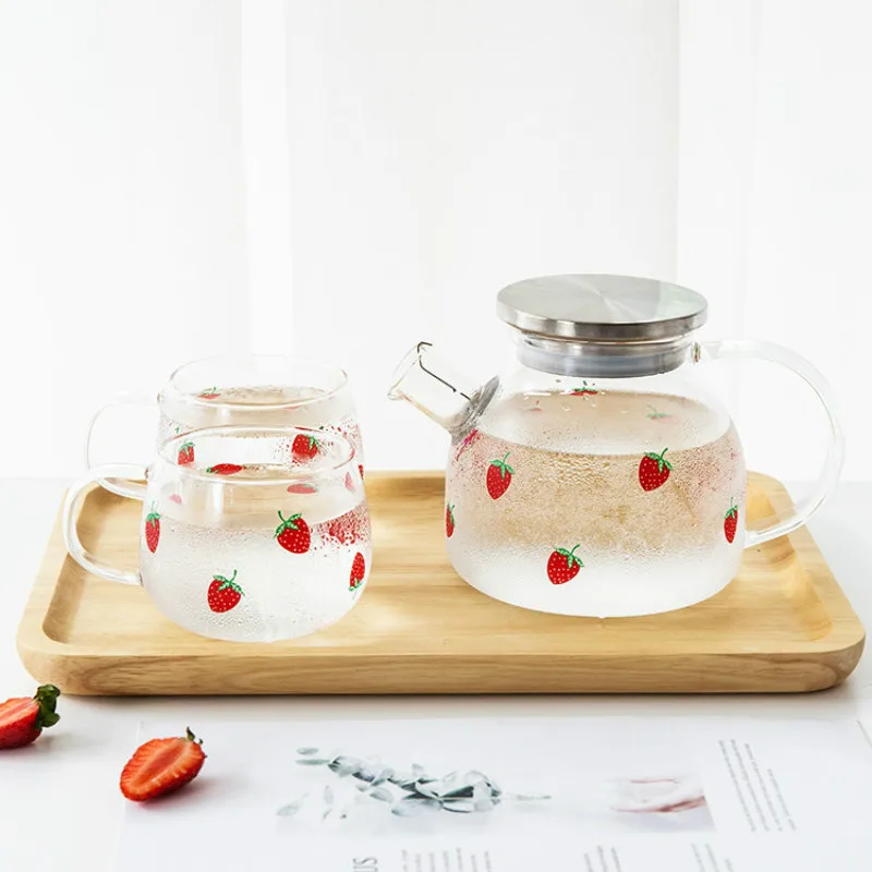 1.8L 1L Japanese style Cute Strawberry Tea pots Glass Jug for cold and hot Drinks Home Office Drinkware Tea Cup Teapot set