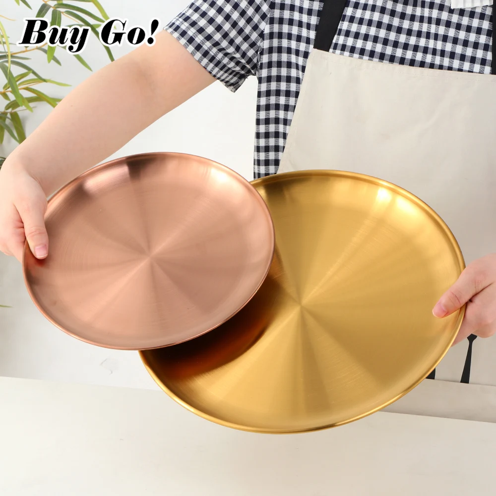 

1/2PCS Stainless Steel Tableware Dinner Plate Food Container Salad Dessert Fruit Services Dish Western Steak Round Dessert Tray