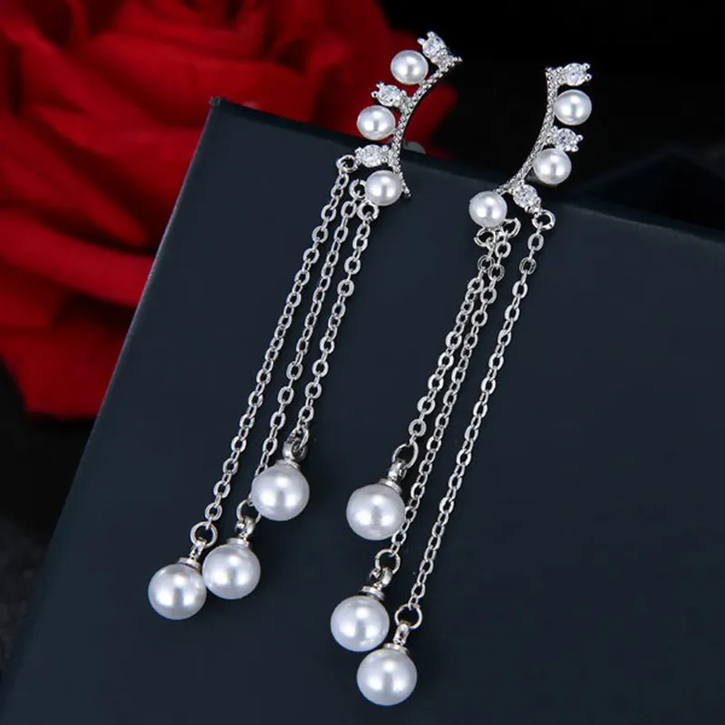 New Fashion Hyperbole Temperament Elegant Long Drop Earrings for Women Female Tassel Simulated Pearl Pendant Ear Jewelry