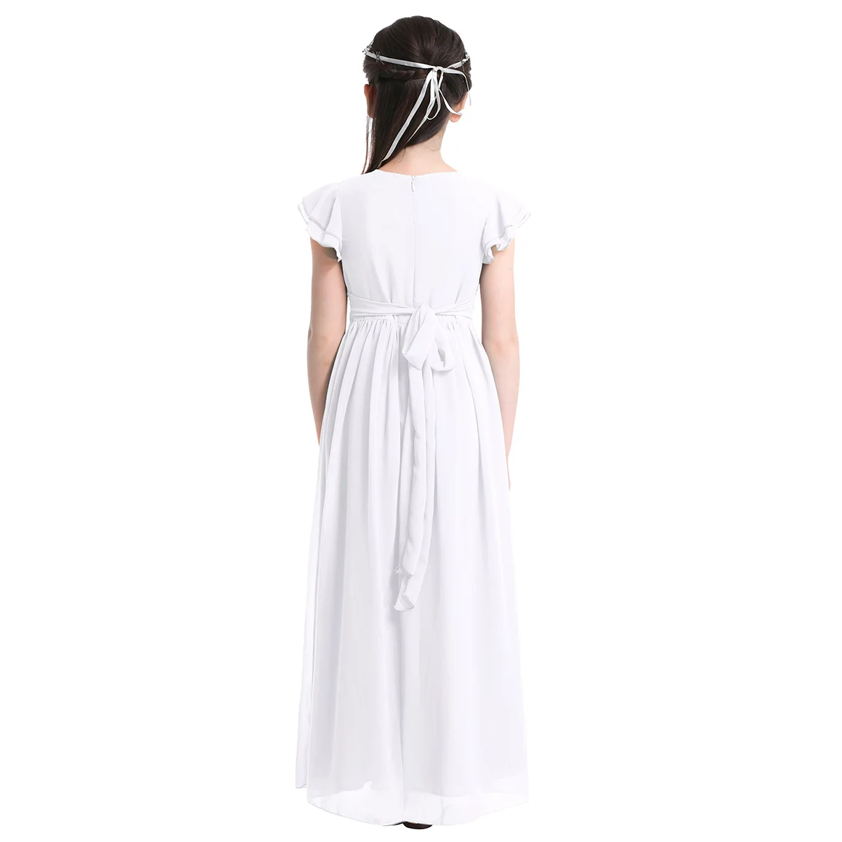 Robe longue en mousseline de soie pour filles, manches flottantes, fleur plissée, taille haute, princesse, reconstitution historique, anniversaire, fête de mariage, 4-14