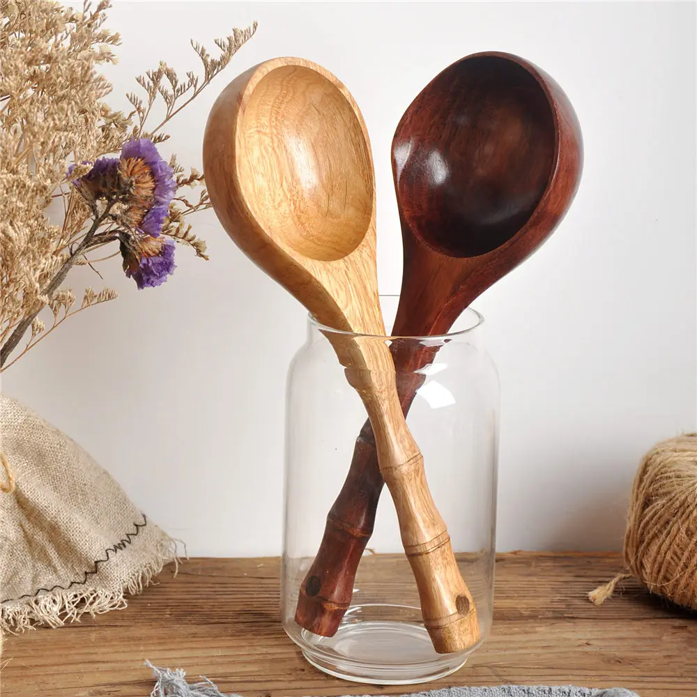 Large Wooden Soup Scoops, Bamboo Handle Cooking Scoop, Japanese Style, Durable Spoon, Bath Water Ladle, Tableware, Kitchen Tools