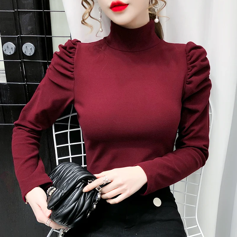 Women T-shirt Spring Autumn Turtleneck Clothes Ribbed Long Puff Sleeve Crop Tops Tees Female Slim Black White Tops