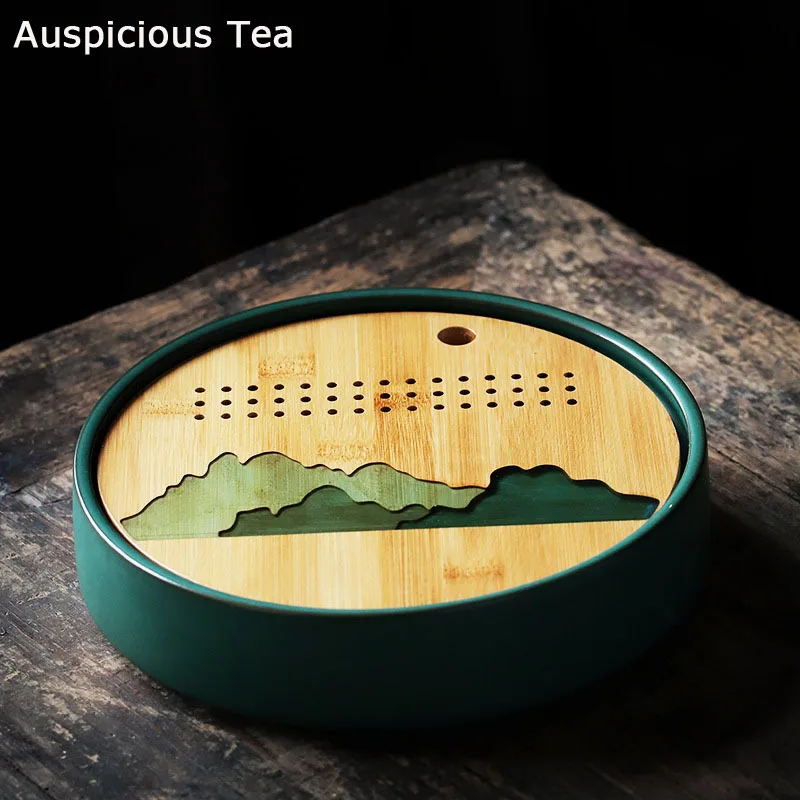 Turquoise Coarse Ceramic Tea Tray Bamboo Round Dry Bubble Tray Household Tray Kung Fu Tea Set Water Storage Small Tea Table Gift