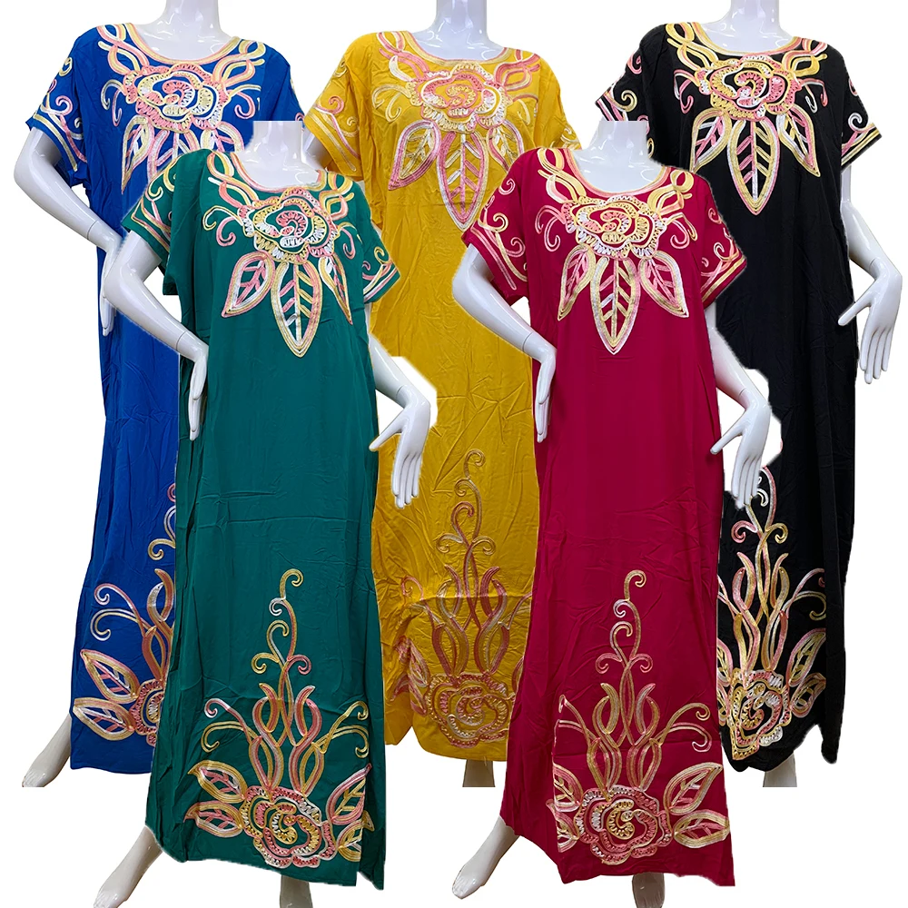 Embroidery Cotton Abaya Dubai African Dresses For Women Robe Longue Femme Musulmane Islam Clothing Turkey Kaftan Eid Mubarak