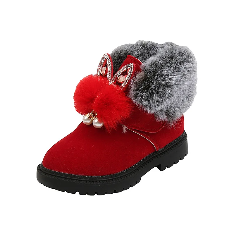 Girls Snow Boots Kids Ankle Boots Sweet Cute Rabbit Ear Crystal Fluffy Smooth Fur Hairy Warm Thick Cotton Children Winter Boots