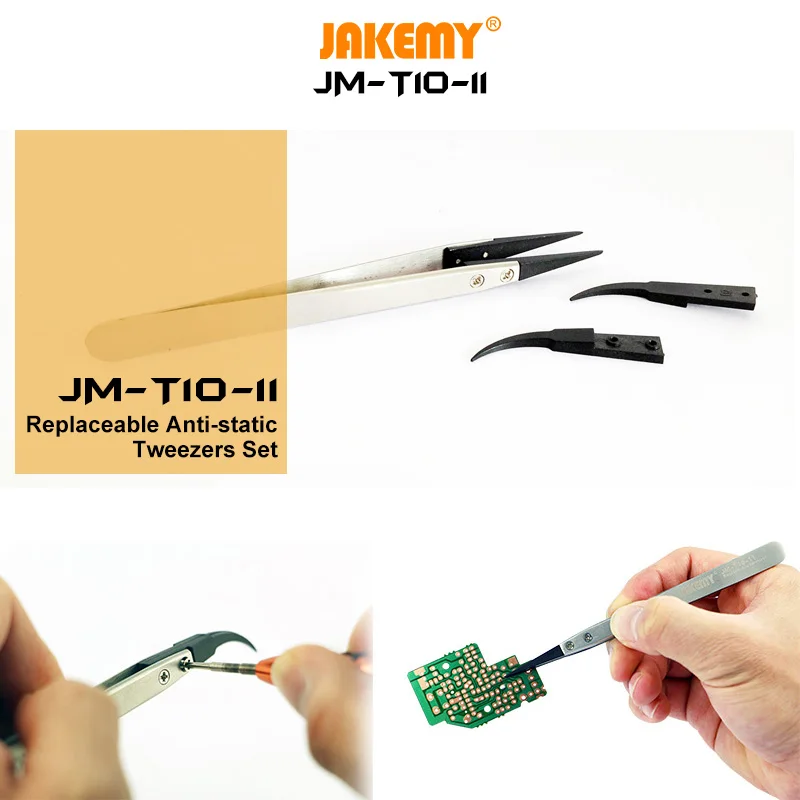 Jakemy JM-T10-11 de alta qualidade substituível anti-estática pinças de aço inoxidável para o telefone móvel ferramenta de reparo de desmontagem